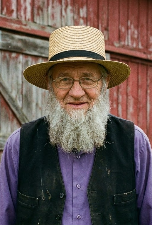 Amos Fisher standing before a barn