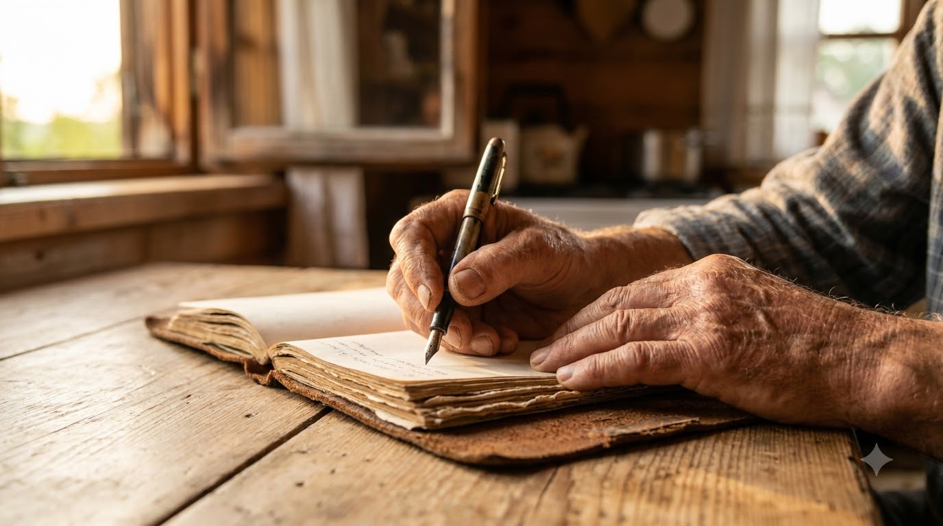 Hands writing in an old leather ledger